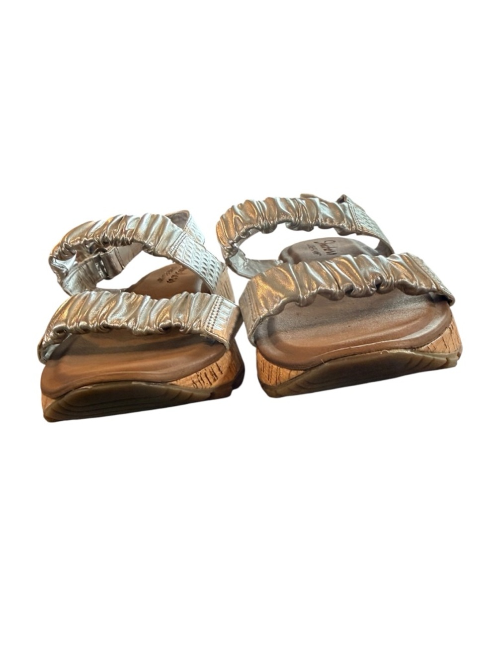 Skechers Luxe Foam Metallic Silver Ruched Woman's Cork Wedge Sandals Size 7 - Picture 9 of 9